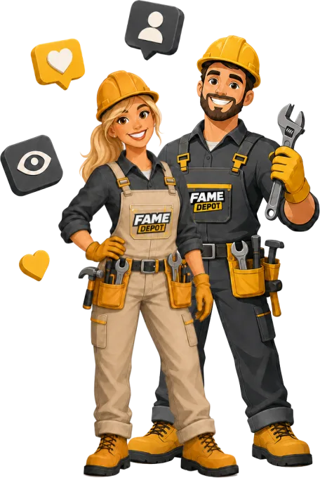 FameDepot mascot, friendly builder